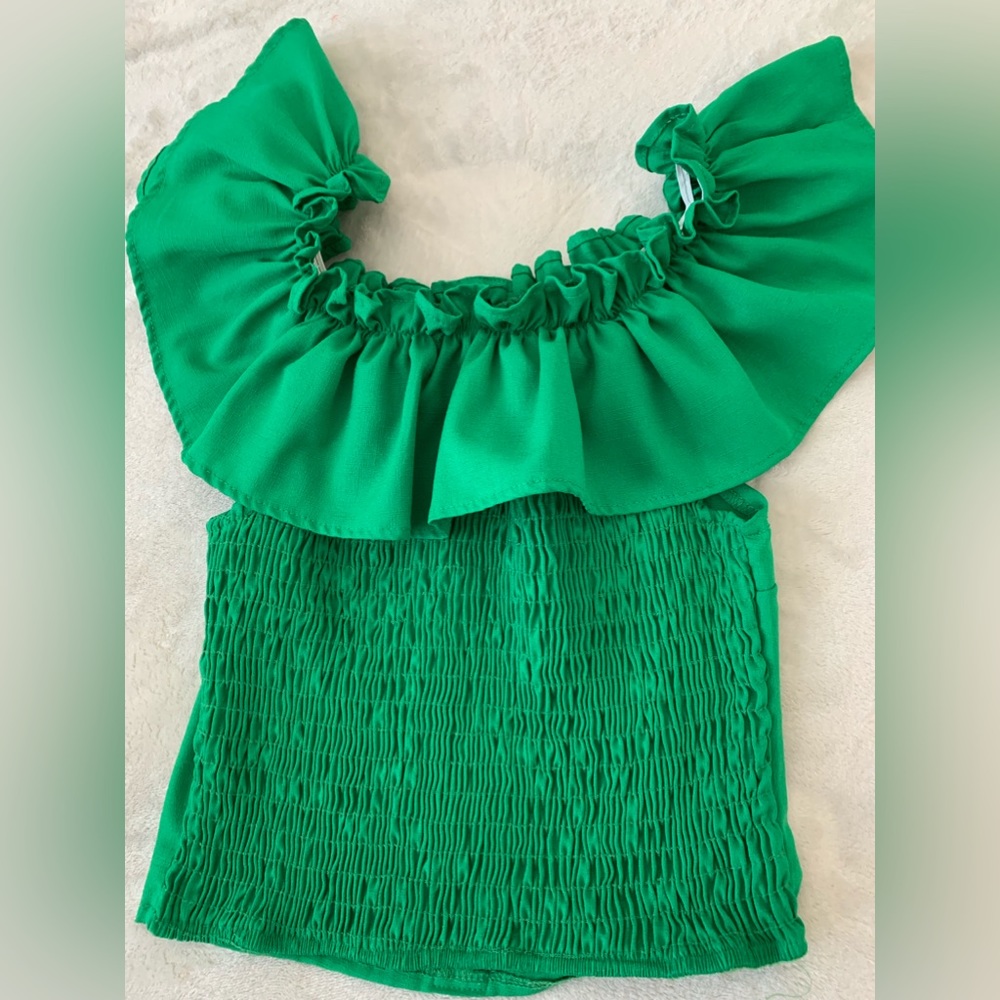Green Ruffled Off-the-Shoulder Top - Picture 2 of 3